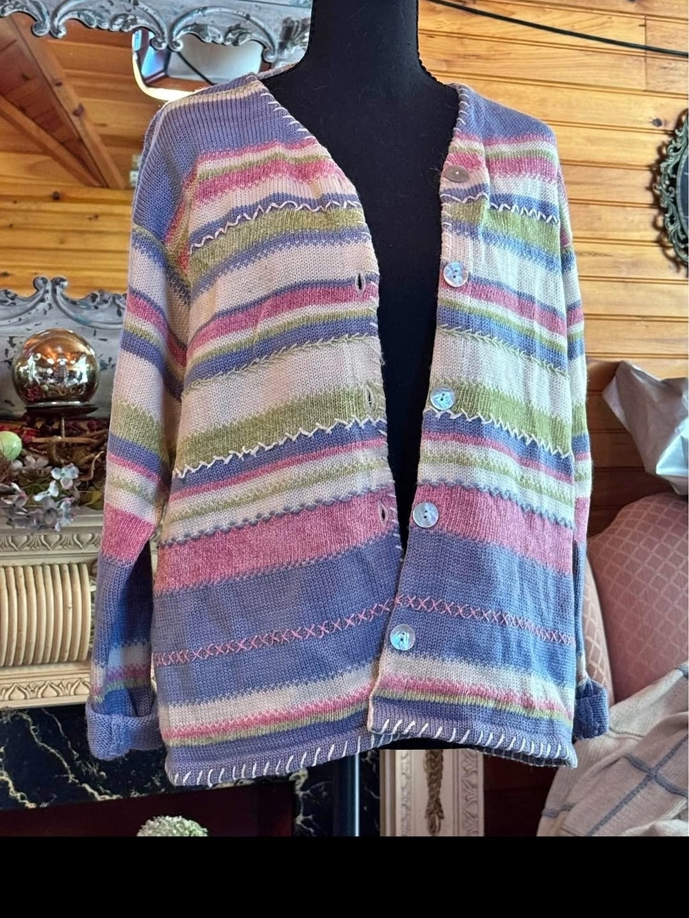Susan Bristol Pastel Striped Button-Front Cardigan in Pink, Blue, Green, Cream